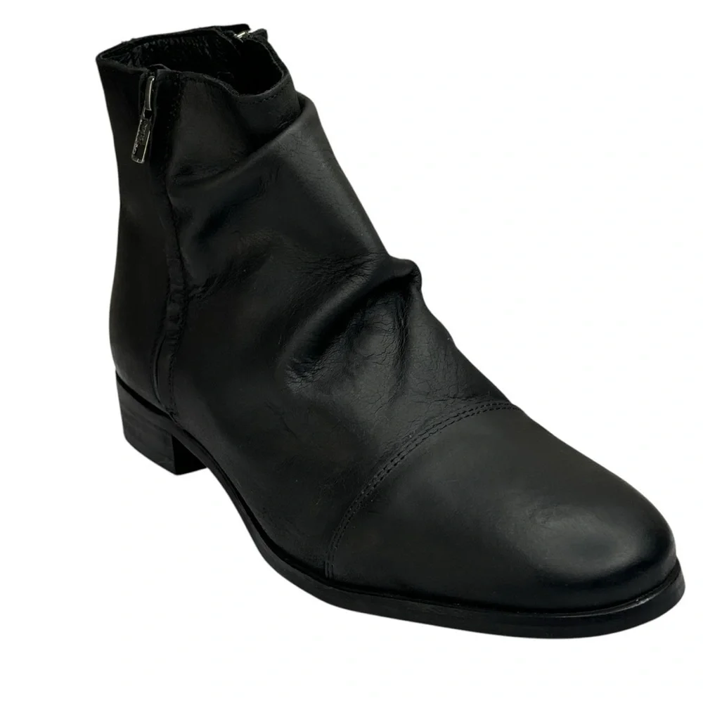 New Black Leather Ankle Boots Side Zipper Ruching 2” Block Heel Size 41 US Sz 10